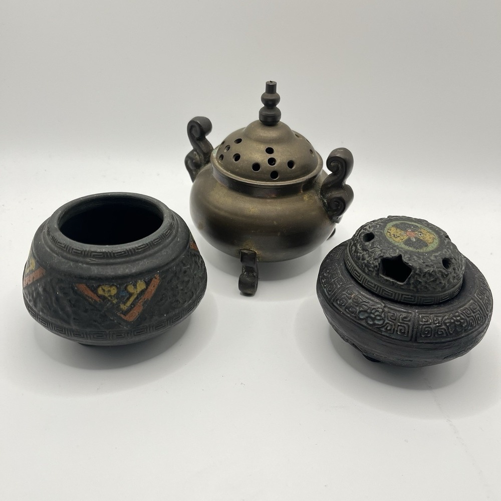 Vintage Chinese Incense Burners Lot Of 3‎ Brass & Ceramic